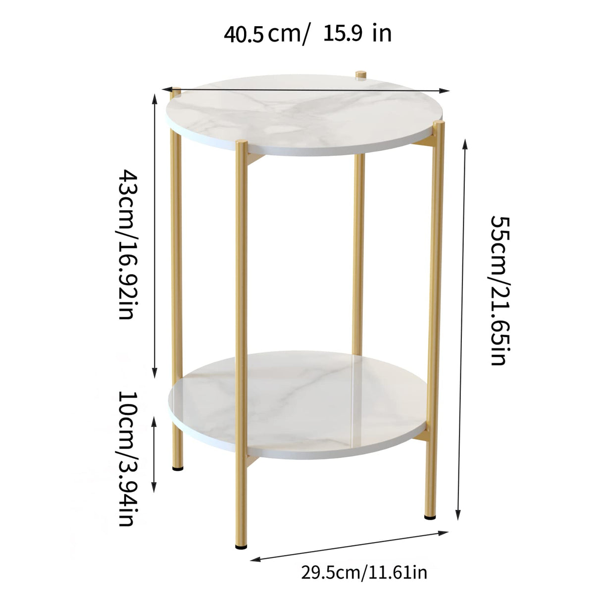 Marble Top Side Table Gold: 2 Tier Round Shape End Tables 40.5 x 55cm Sintered Stone Bedsides with Metal Golden Legs Modern White Nightstand Circular Sofa Corner Table for Living Room Reception