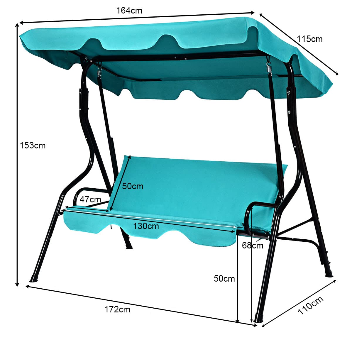 Costway 3-Seat Outdoor Patio Swing Chair, Garden Porch Swing with Adjustable Canopy and Rustproof Steel Frame, Swing Glider for Backyard, Balcony and Poolside(Blue)