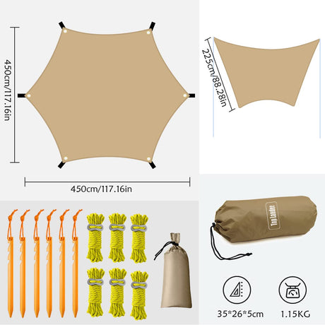 4.5X4.5m Large Camping Tarp Tent Ultralight Waterproof Hammock Rain Fly Mutifunctional Hexagon Tarpaulin Shelter for Bushcraft Picnic Backpacking Outdoor Survival