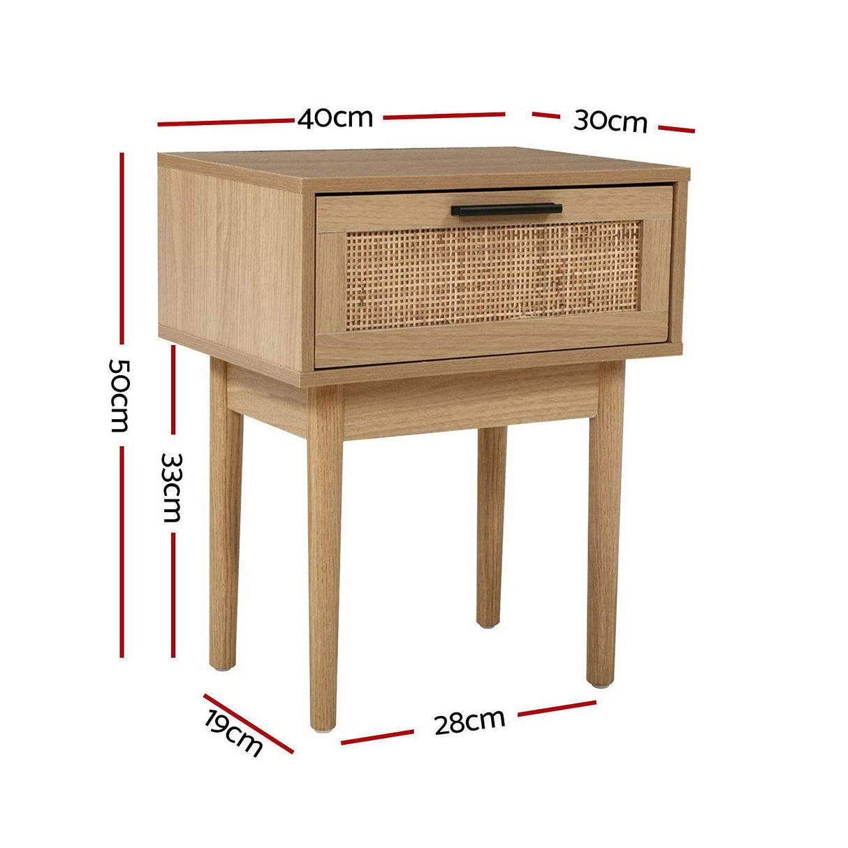 Bedside Table Rattan Board Bed Side Tables Storage Small Narrow Desk Chest of Drawers, with 1 Drawer, Bedroom Furniture Tallboy Lamp Stand Nightstand Cabinet in 50cm Height