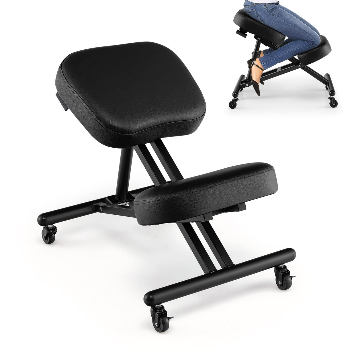 Ergonomic Kneeling Chair, Height Adjustable Kneeling Stool w/Smooth Gliding Wheels & Foam Padded Cushions, Angled Seat, Mobile Kneeling Chair for Home Office (Model 2, Black)