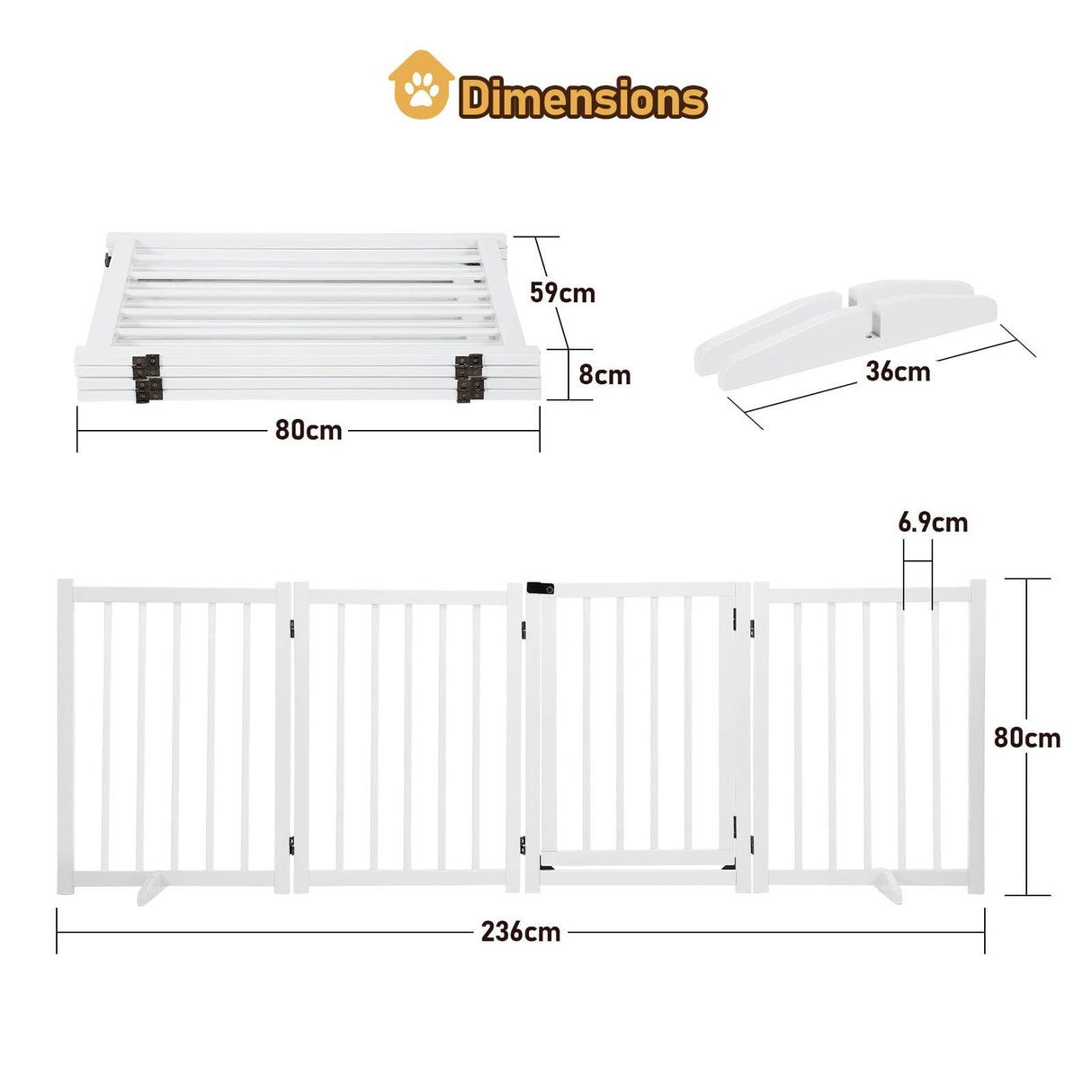 Wooden Pet Safety Gate Free Standing Walk Over Dog Gate,Retractable Puppy Playpen,Enclosure Security Fence for Dog Stair Doorway Barrier with Door Indoor,236CM Extra Width 80CM Tall,White