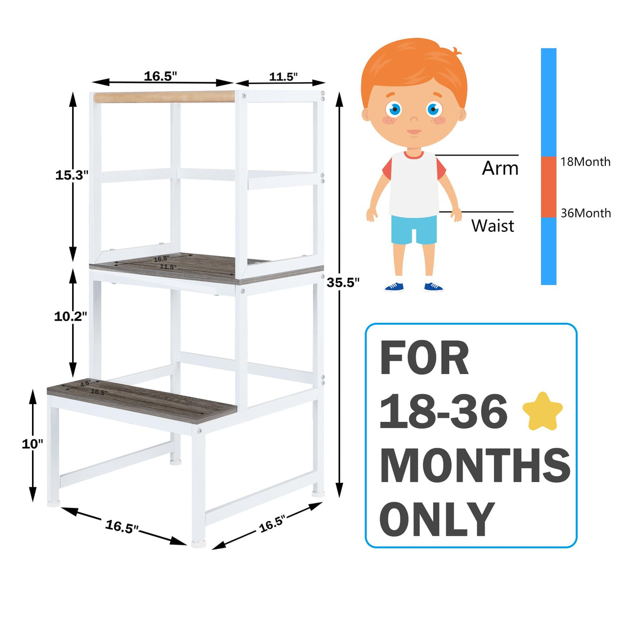 Kids Kitchen Step Stool, Learning Tower Kitchen, Heavy Duty Step Stool with Safety Rail, Bed Steps for High Beds, Kids Standing Tower Stool for Bathroom Sink, Supports Up to 150Lb (White)