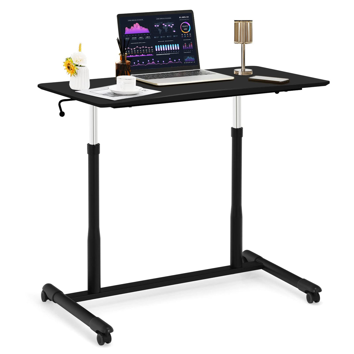 Mobile Height Adjustable Standing Desk, Compact Pneumatic Sit to Stand Up Computer Desk w/Lockable Wheels, Ergonomic Rolling Laptop Table w/Steel Frame for Home Office (Black)