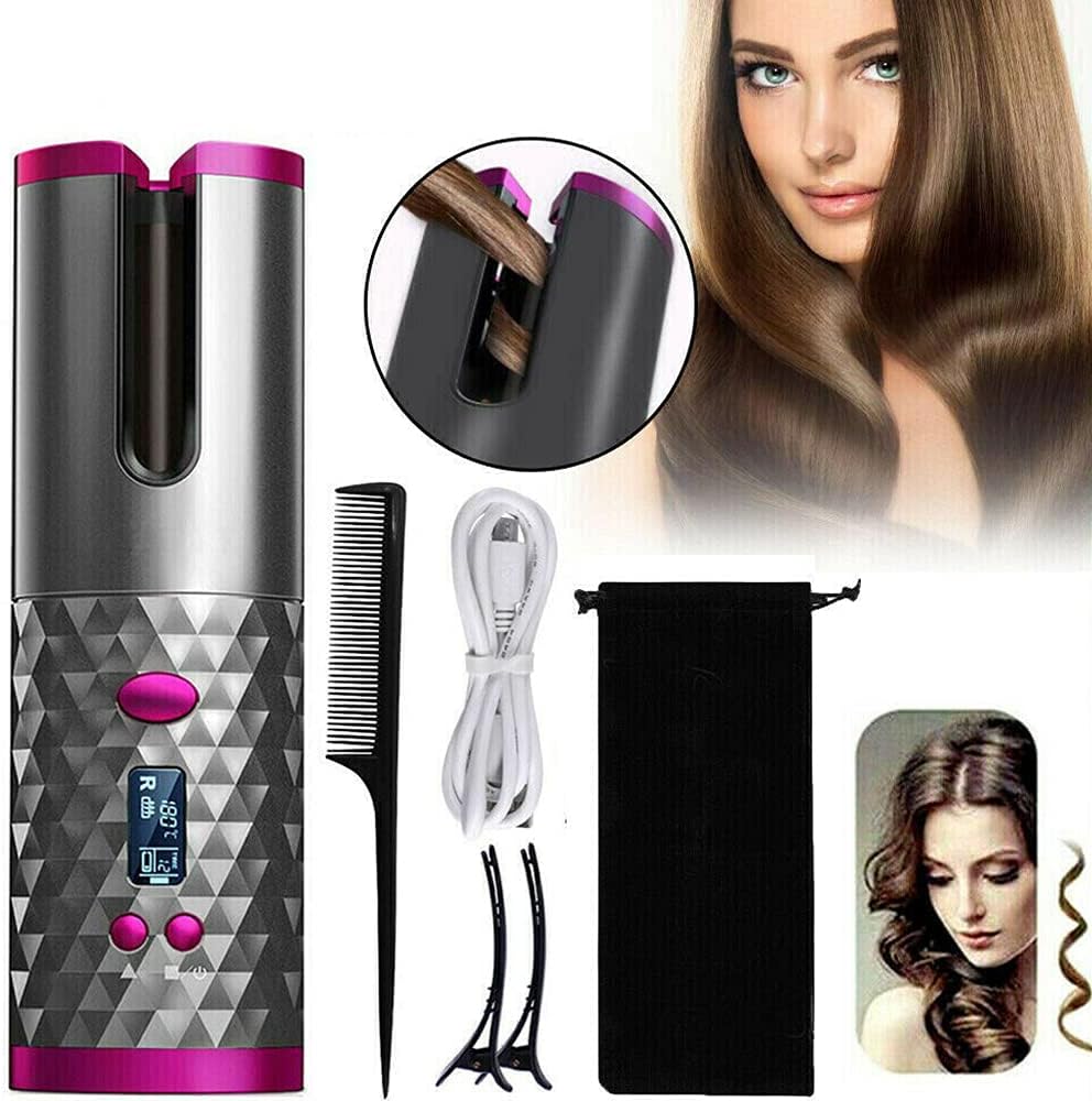 Wireless Auto Hair Curler, LED Temperature Display and Timer/USB Rechargeable/Auto Shut-Off Hair Curling Iron Curler /Ceramic Barrel Portable Wireless Automatic Hair Curler for Travel