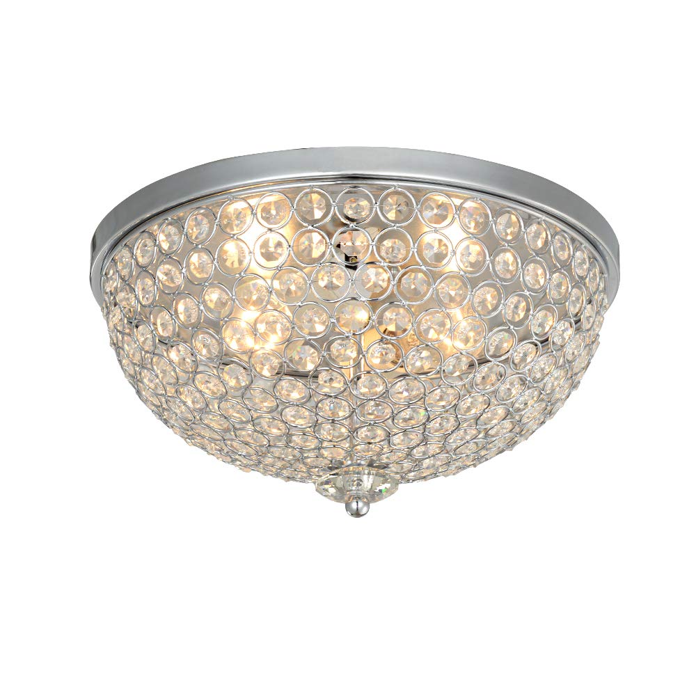 Crystal Ceiling Light, 13" 2-Light Flush Mount Light Fixture for Living Room, Bowl Shaped Chrome Finish Ceiling Lamp for Dining Room, Bedroom Kitchen Island Hallway Entryway