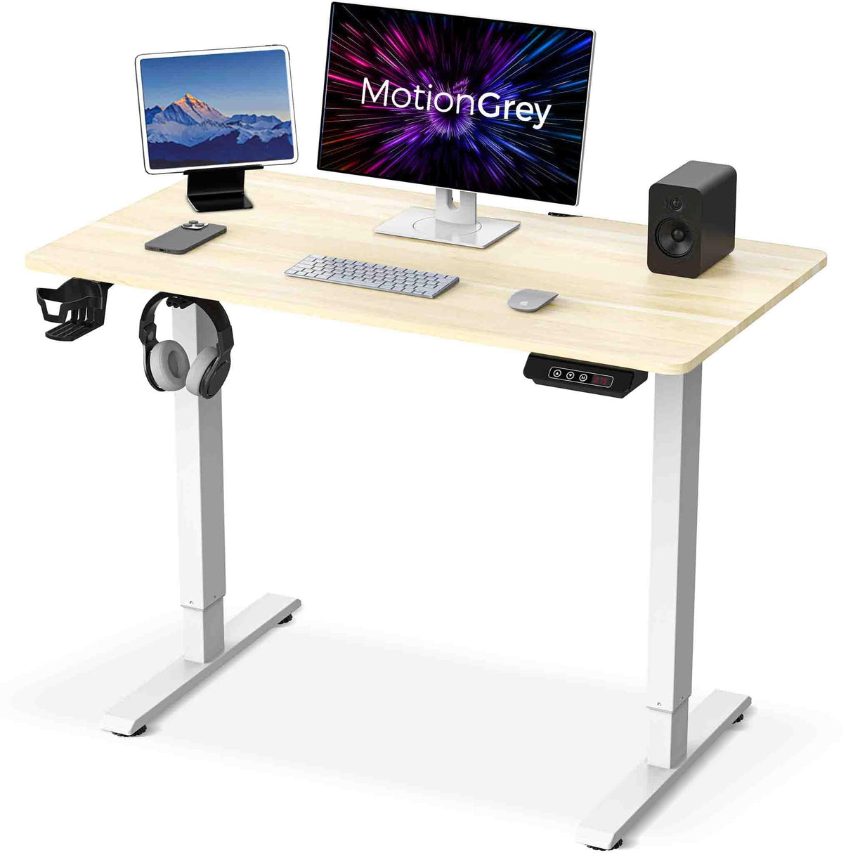 Electric Motor Height Adjustable Standing Desk, 110 x 60 cm, Ergonomic Stand Up Desk, Adjustable Computer Sit Stand Desk Stand (White + Lightbrown, 43 Inch)