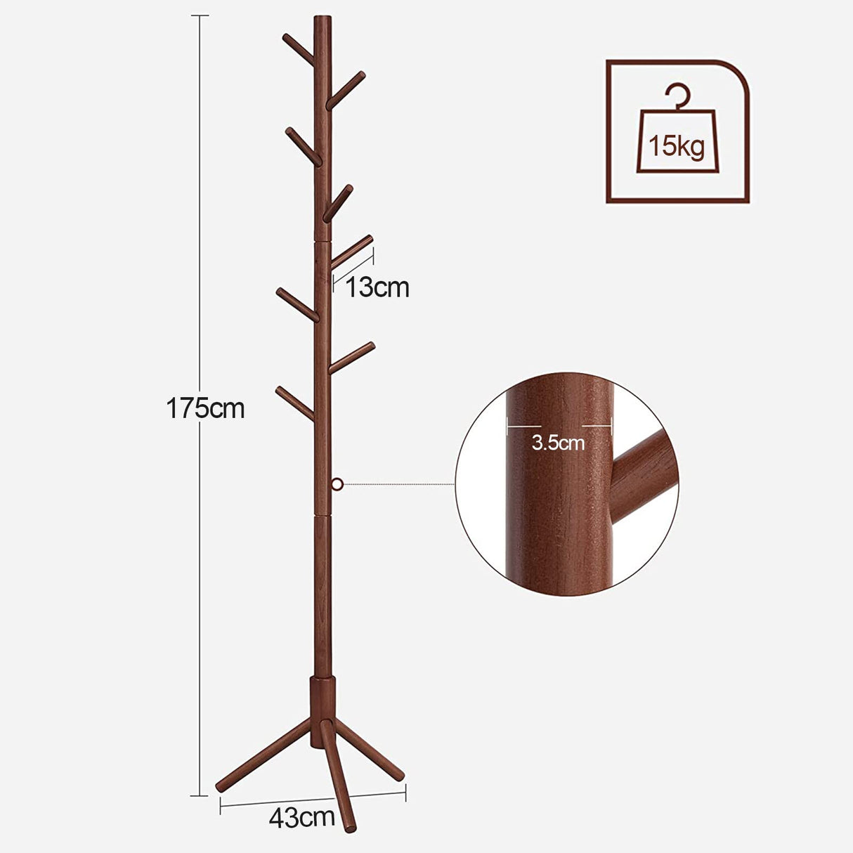 Wooden Coat Rack Tree with 8 Hooks, 3 Adjustable Sizes Free Standing, Solid Wood, Super Easy Assembly Hallway, Entryway Coat Hanger Stand for Clothes Suits (Brown)