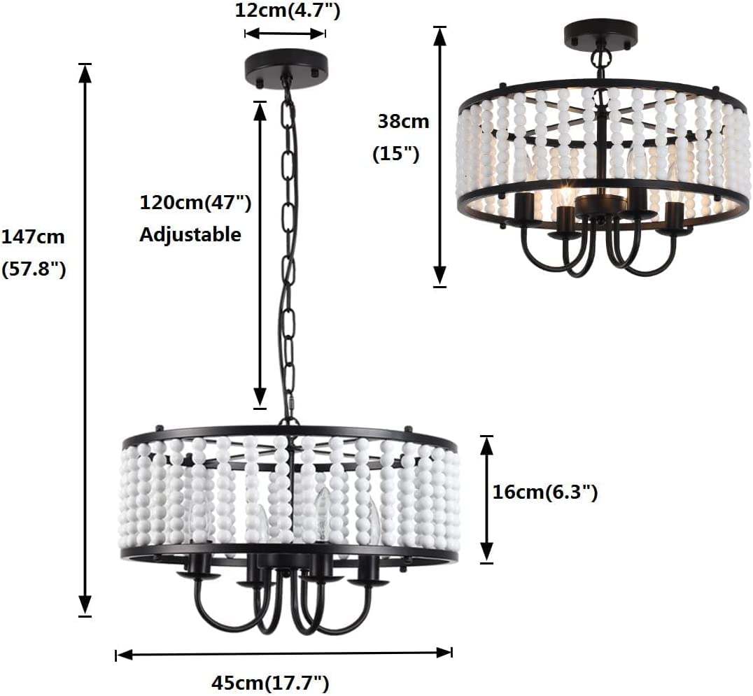 Chandelier Light Fixture, 4-Lights Wood Bead Chandeliers, Adjustable Height Modern Farmhouse Pendant Lights for Living Room Dining Room Bedroom Kitchen Island, E14 Base, Dia 17.7 Inch