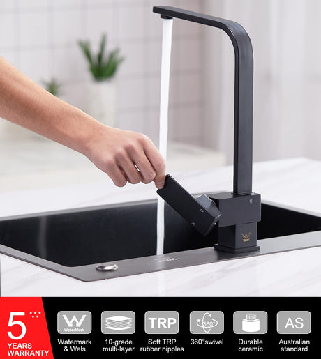 Square Black Kitchen Tap 360° Swivel Spout Hot and Cold Switch Kitchen Sink Tap Mixer Brass Faucet WELS Watermark