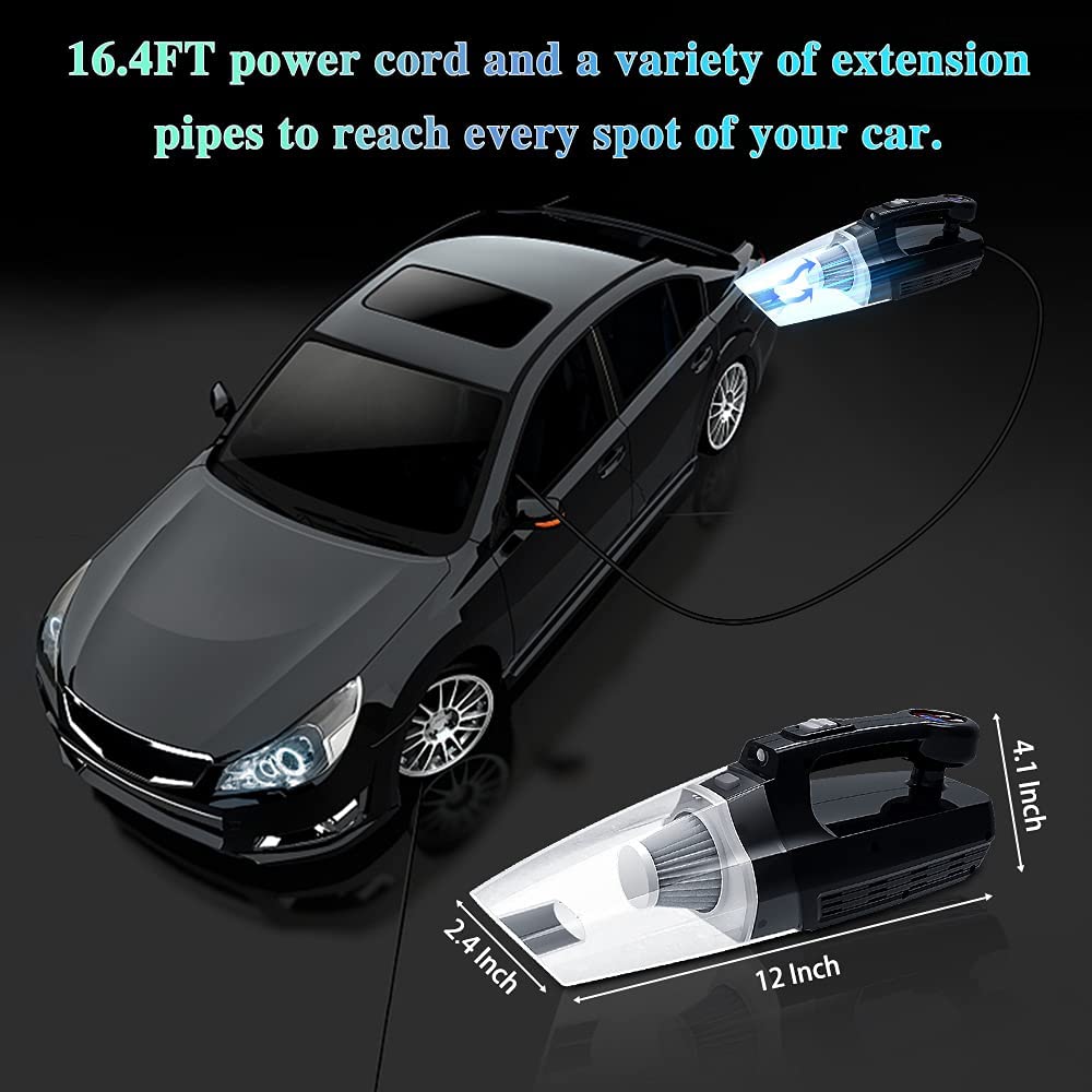 4-in-1 Car Vacuum Cleaner Tire Inflator - Portable High Power Handheld Car Vacuum Cleaner 7000PA/130W/DC 12V with LCD Tire Pressure Display LED Light Wet/Dry Air Compressor