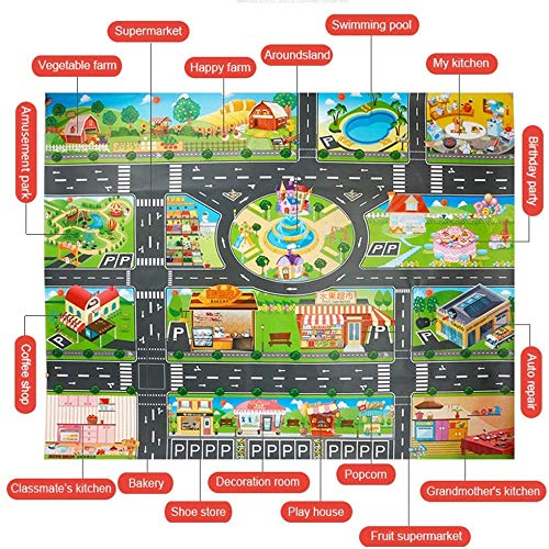 Kids Play Mat-Fun Play mat for Kids Educational Traffic Kids Play Mat-Include 6 Cars Washable,Waterproof PVC Non-Slip Fabric Large mat for Play Area, Playroom and Bedroom(130x100cm)