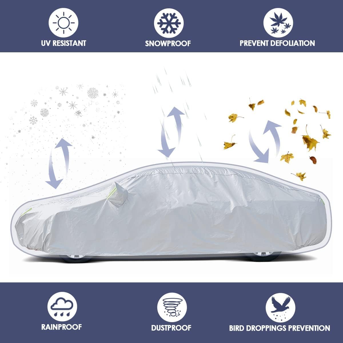 SUV Cover 190T Polyester Car Cover Waterproof All Weather for Automobiles, UV Protection Rainproof Windproof Outdoor Indoor Full Car Cover Universal Fit for Sedan SUV, (Silver)