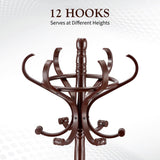 Solid Wood Coat Rack Stand 12 Hooks Freestanding Hall Tree Hanger Organiser for Clothes Hat Jacket Umbrella Walnut Brown