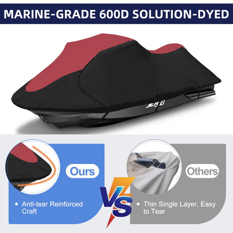 600D Jet Ski Cover - Trailerable Seadoo Cover, Waterproof Jetski Cover, PWC Cover Fits Seadoo, Yamaha, Kawasaki, Jet Ski Watercraft Cover Fits from 116"-125" (2 Seater), Red & Black