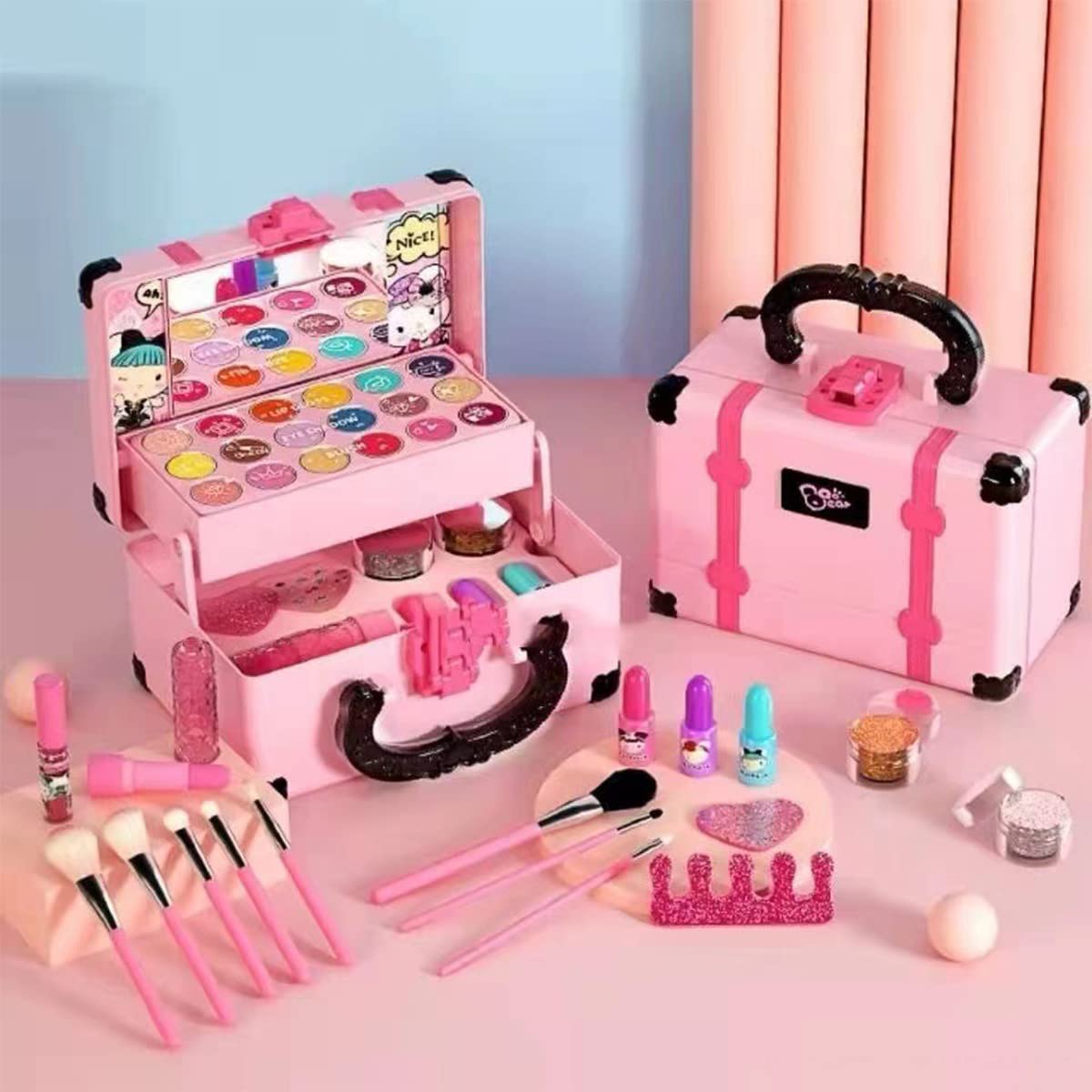 33PCS Kids Makeup Toy Kit, Washable Princess Pretend Play Makeup Beauty Toy Set Real Cosmetic, Safe & Non-Toxic Portable Makeup Box for Girls Over 3 Years Old