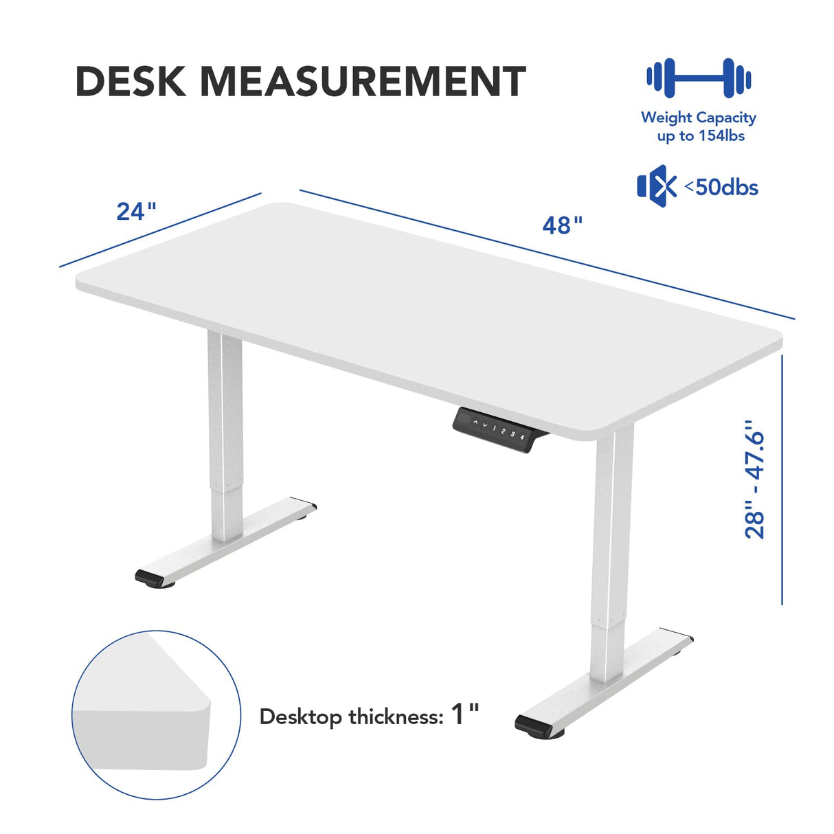 Electric Height Adjustable Standing Desk 48 Inches Whole-Piece Desktop Sit Stand Up Computer Desk Workstation with Memory Controller (White Frame + 48" White Top, 2 Packages)