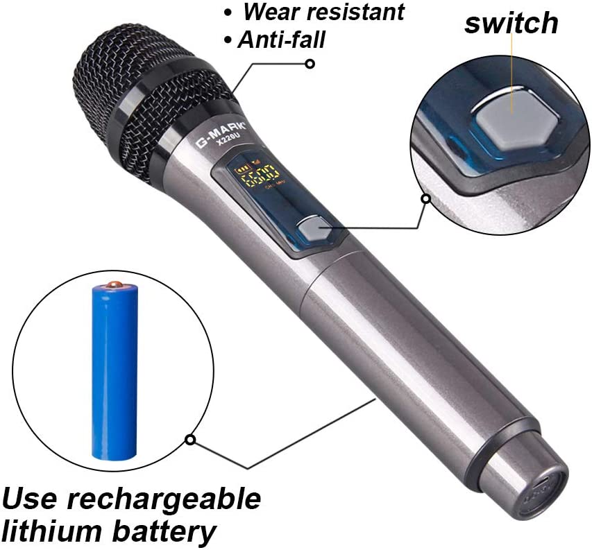 G-MARK X220U UHF rechargeable wireless microphone Recording Karaoke microphone Handheld with lithium battery Receiver