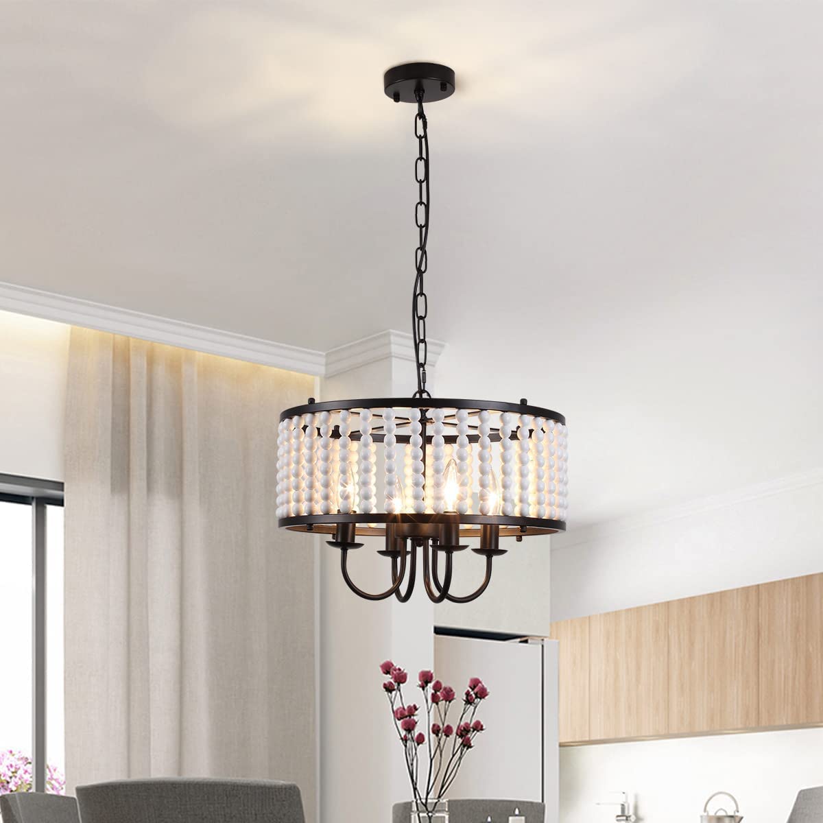 Chandelier Light Fixture, 4-Lights Wood Bead Chandeliers, Adjustable Height Modern Farmhouse Pendant Lights for Living Room Dining Room Bedroom Kitchen Island, E14 Base, Dia 17.7 Inch