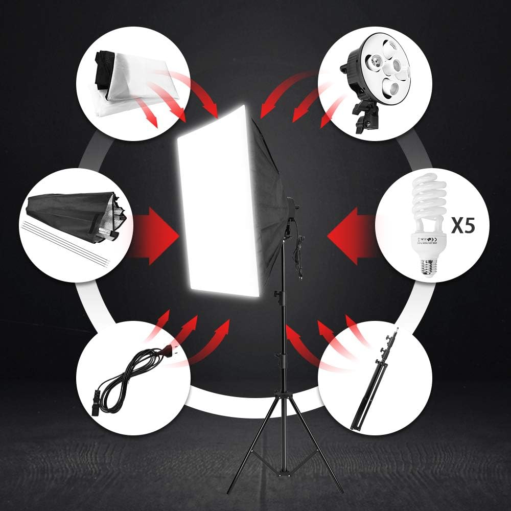 Photography Studio 3375W Continuous Lighting Softbox Background Kit 15 x 45W Bulbs + 5-Socket Light Heads Soft Box Kit + 4 Backdrops (Black/White/Green/Gray) Background Light Stand Reflector