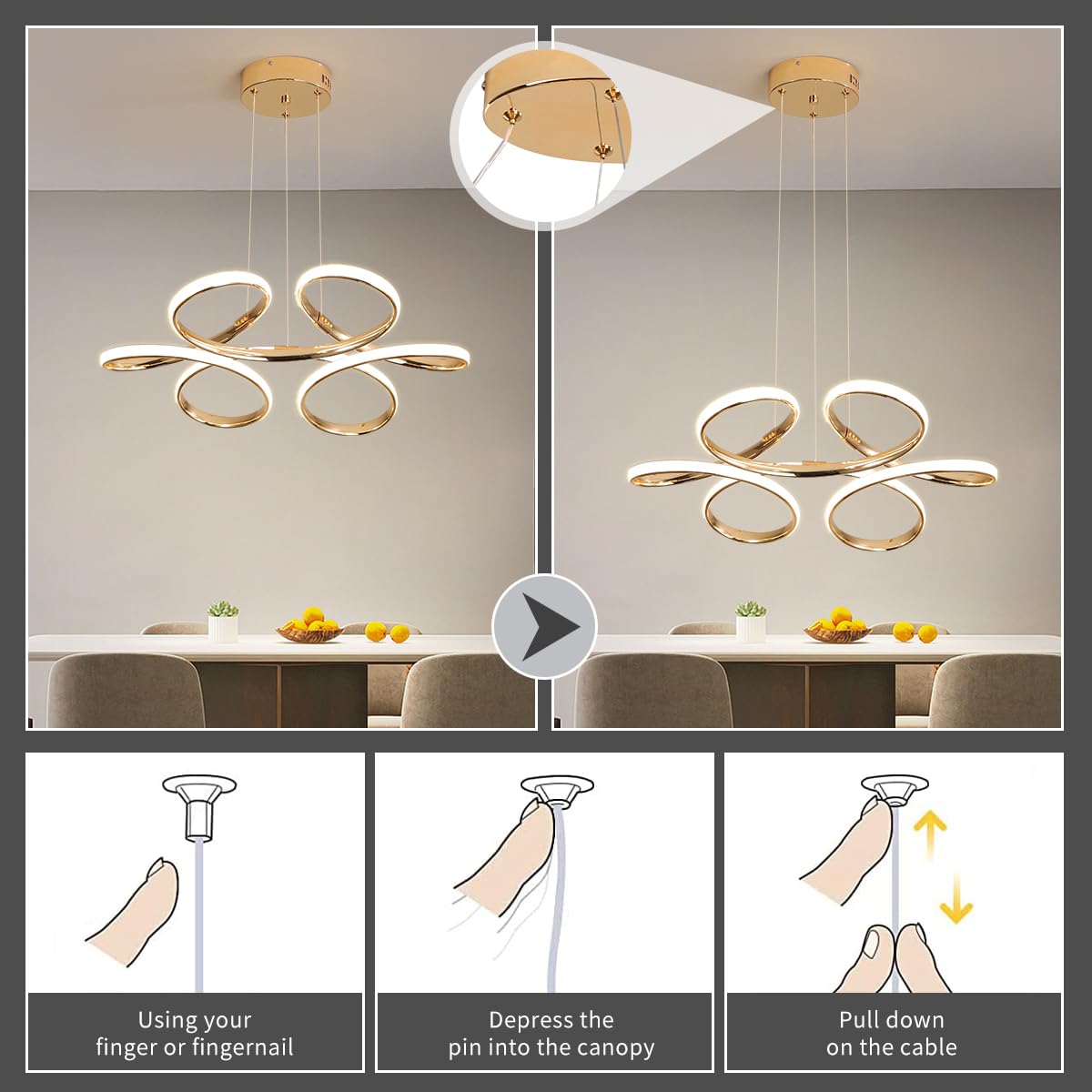 Modern LED Dimmable Pendant Lamp with Remote, Flower Shape Chandelier, Adjustable Height Hanging Light Fixture for Living Room Dining Room Bedroom Kitchen Decorative Lamp (A - Gold)