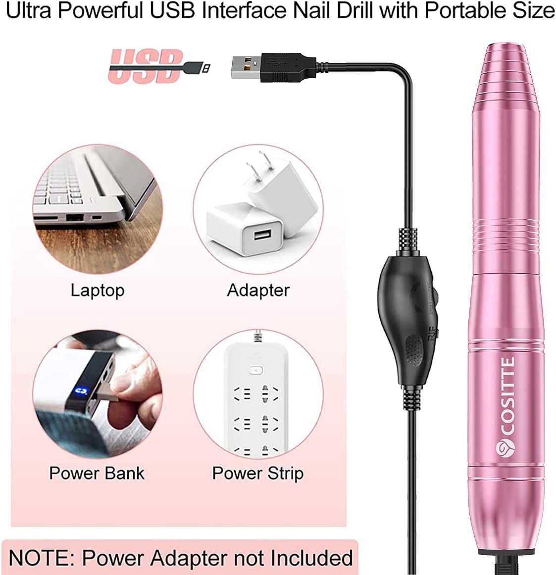 Electric Nail Drill, USB Electric Nail Drill Machine for Acrylic Nails, Portable Electrical Nail File Polishing Tool Manicure Pedicure Efile Nail Supplies for Home and Salon Use, Pink