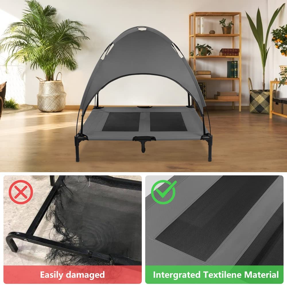 Outdoor Dog Bed with Canopy, Outside Portable Cooling Raised Pet Cot for Dogs and Cats, Grey Large