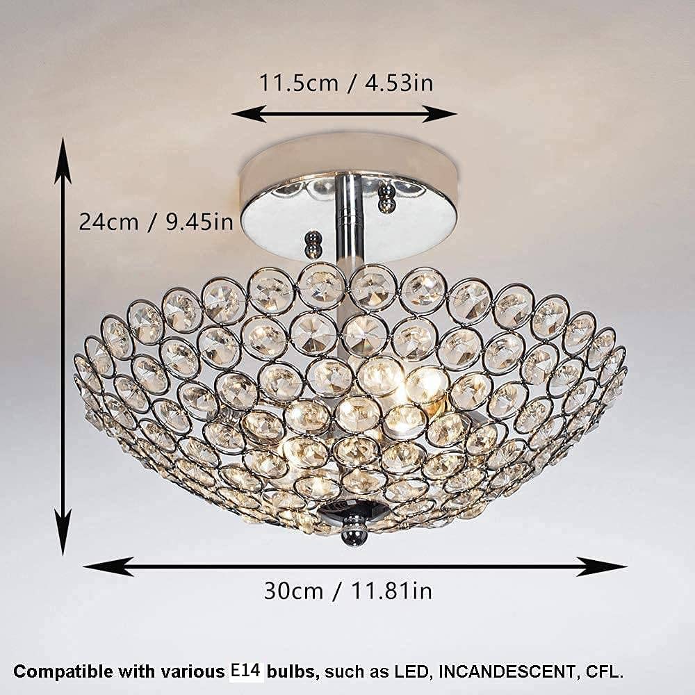 Depuley Modern Crystal Ceiling Light Fixture, 2-Light Crystal Semi Flush Mount Ceiling Light, Modern Crystal Chandelier Lighting for Bedroom, Entryway, Foyer, Hallway, Dining Room, Chrome Finish E14