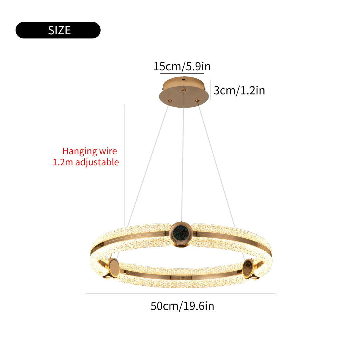 Modern LED Chandelier 48W Round Ring Pendant Lighting with Acrylic in Crystal Shape Dimmable Remote Control Adjustable Circular Ceiling Light Fixture for Dining Living Room, Plating Gold