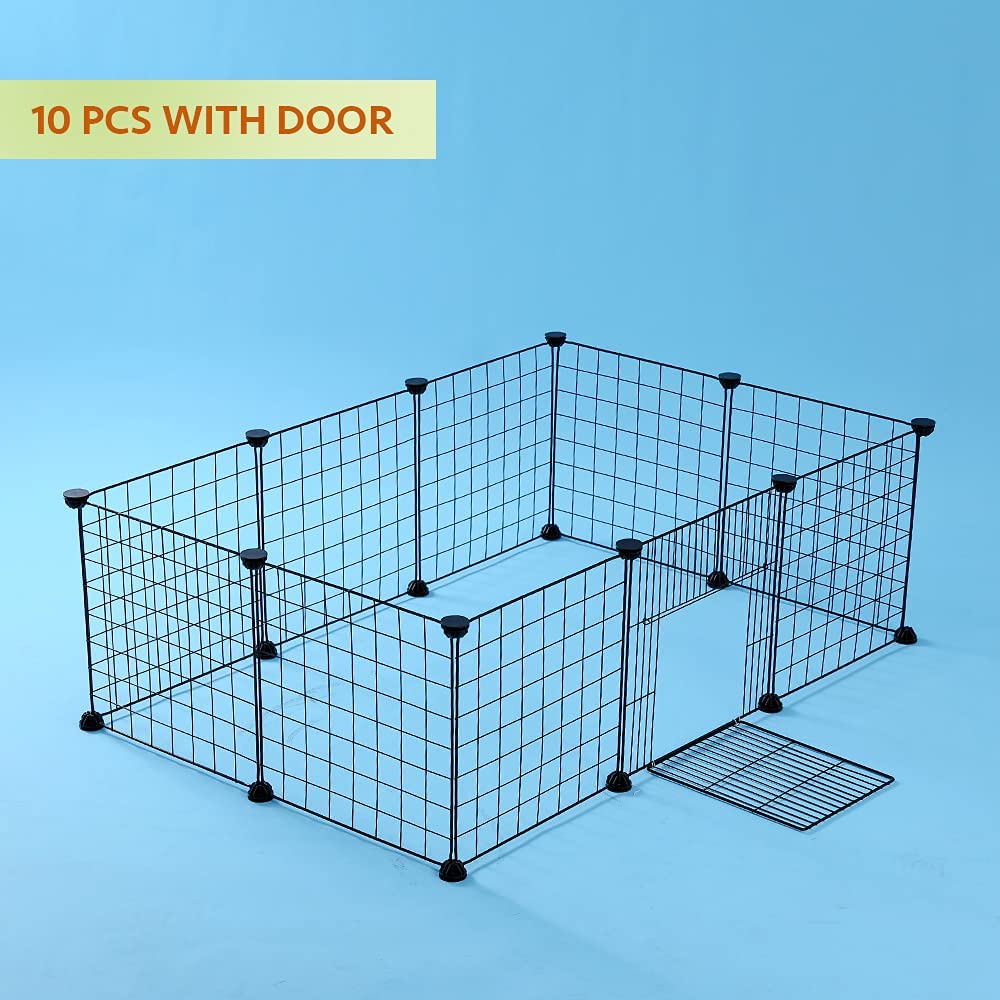 Pet Dog Panel, DIY Small Animal Cage Rabbit, Guinea Pig, Puppy, Kitten | Wire Mesh Fence 10 Black Panels (10 with Doors)