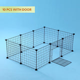 Pet Dog Panel, DIY Small Animal Cage Rabbit, Guinea Pig, Puppy, Kitten | Wire Mesh Fence 10 Black Panels (10 with Doors)