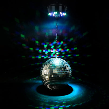 Disco Ball with Motor and Light, 8" Hanging Mirror Ball and 6RPM Batteries Powered Rotating Motor with 4 Light Colors and 18 LEDs for Disco Party Decoration, DJ Club, Wedding, Birthday