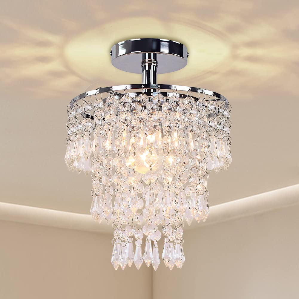 Mini Crystal Chandelier Ceiling Light Fitting Hallway Lights Ceiling Light 3 Tiers Crystal Raindrop Chandelier for Bedroom Living Room Dining Room (Chrome)