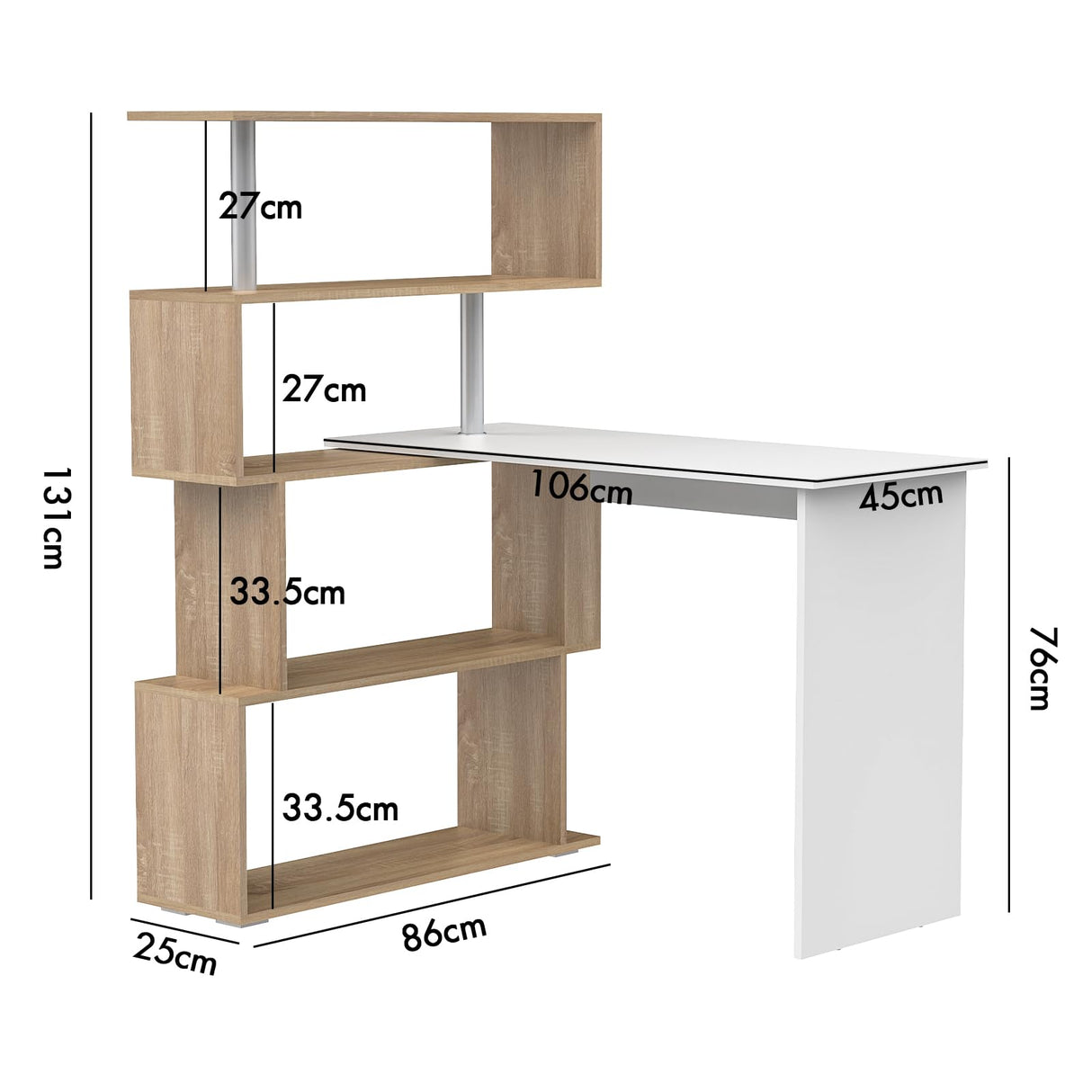 Office Desk Rotating Desk, Wooden Study Desk Table with Storage Shelves, Corner Desk Movable Laptop Table, White & Wood Computer Desk