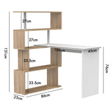 Office Desk Rotating Desk, Wooden Study Desk Table with Storage Shelves, Corner Desk Movable Laptop Table, White & Wood Computer Desk