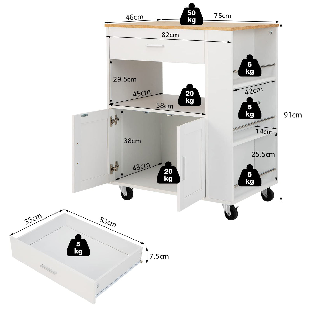 Kitchen Island Trolley, Rolling Kitchen Serving Trolley w/ 3 Spice Racks, Drawer, Open Shelf & Large Cabinet, Portable Workbench Utility Storage Cart w/ Towel Rack & 2 Lockable Casters, White