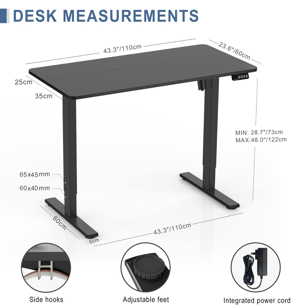 Electric Height Adjustable Standing Desk 110x60cm (43.3"x23.6"), Sit Stand Desk with Splicing Top for Home Office (Black Frame + Black Desktop)