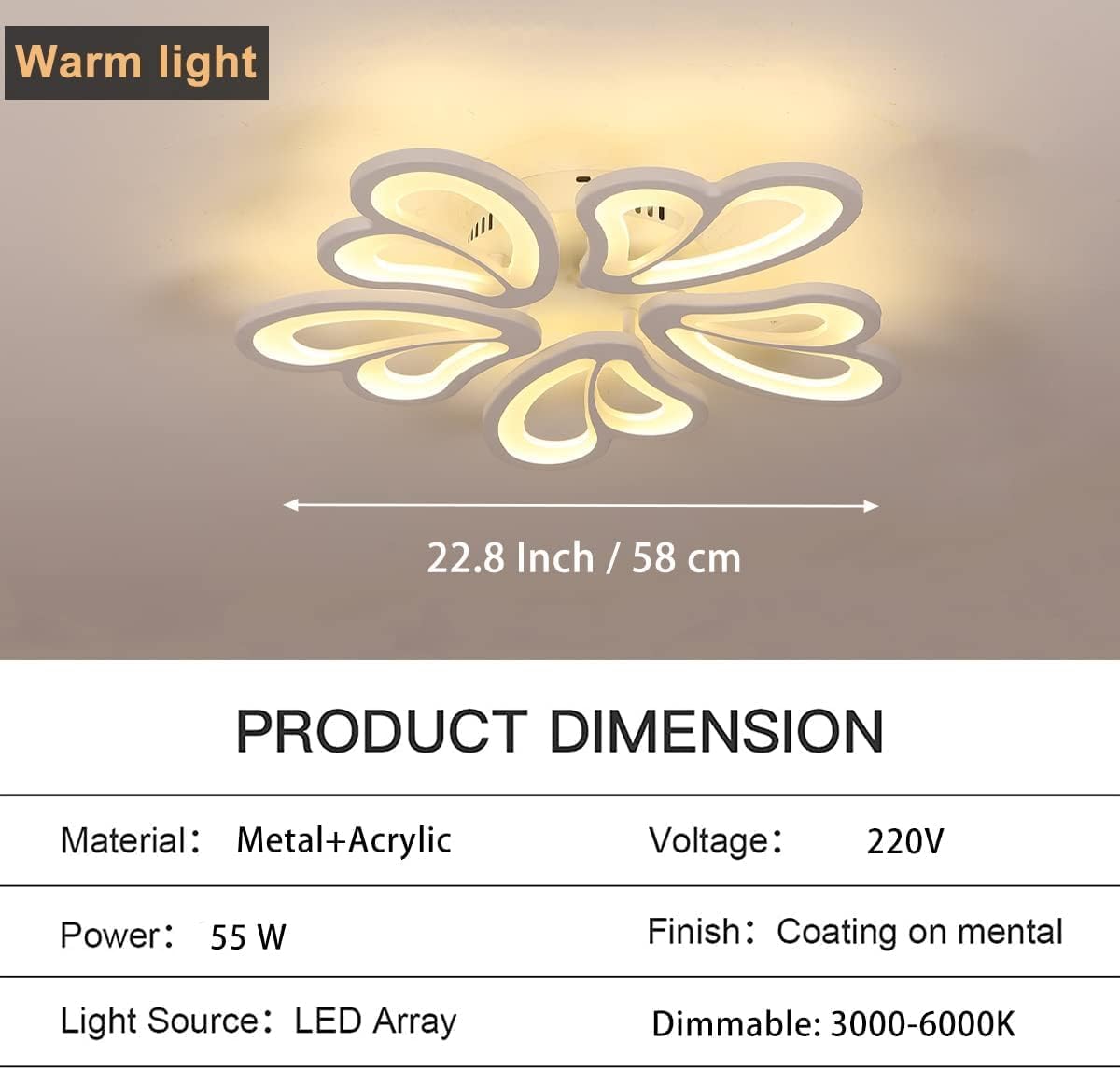 Modern LED Ceiling Light,Dimmable Acrylic Flush Mount Ceiling Lamp,5 Petals Metal Flower Shape Chandelier Lighting Fixture for Living Room Bedroom Kitchen Office Dining Room