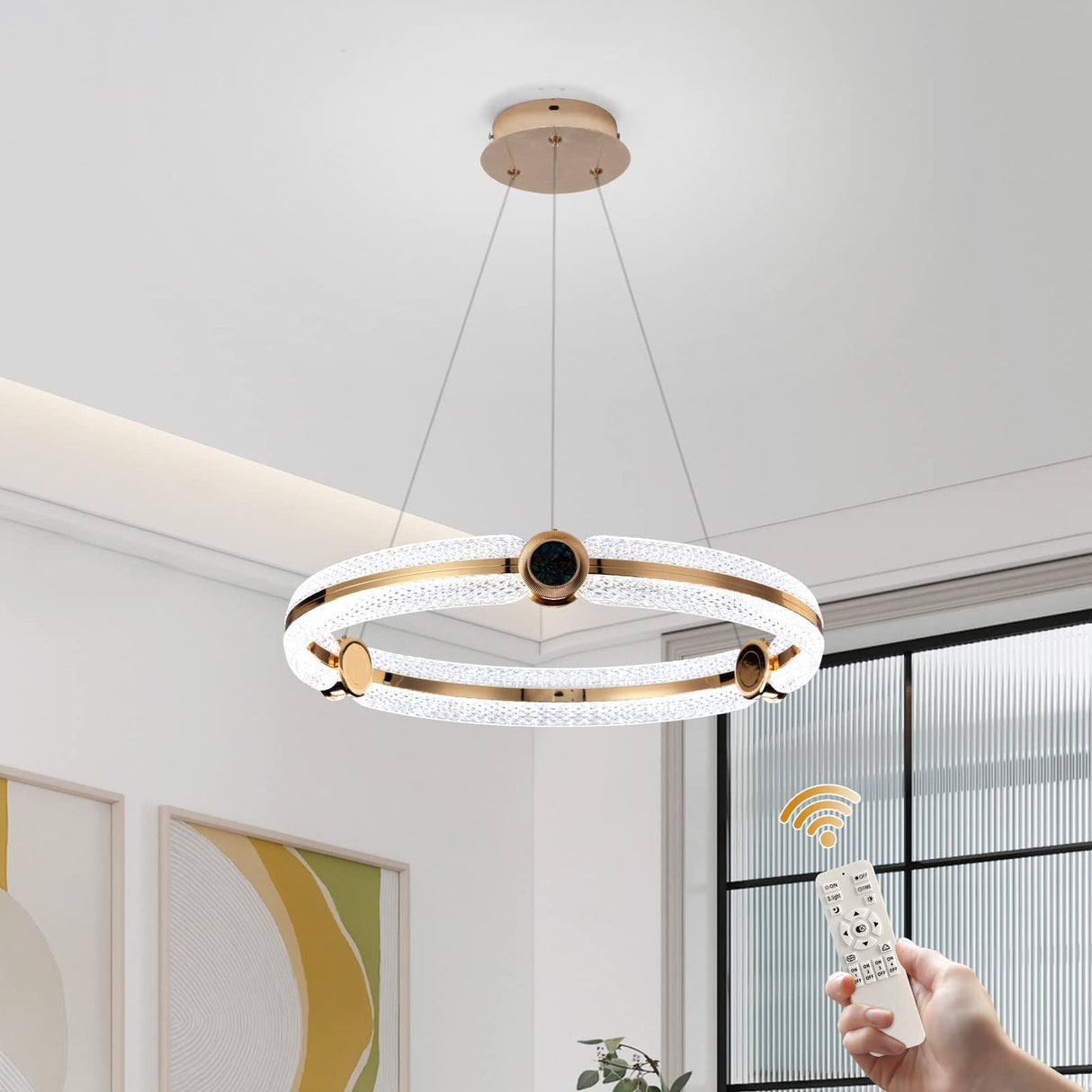 Modern LED Chandelier 48W Round Ring Pendant Lighting with Acrylic in Crystal Shape Dimmable Remote Control Adjustable Circular Ceiling Light Fixture for Dining Living Room, Plating Gold