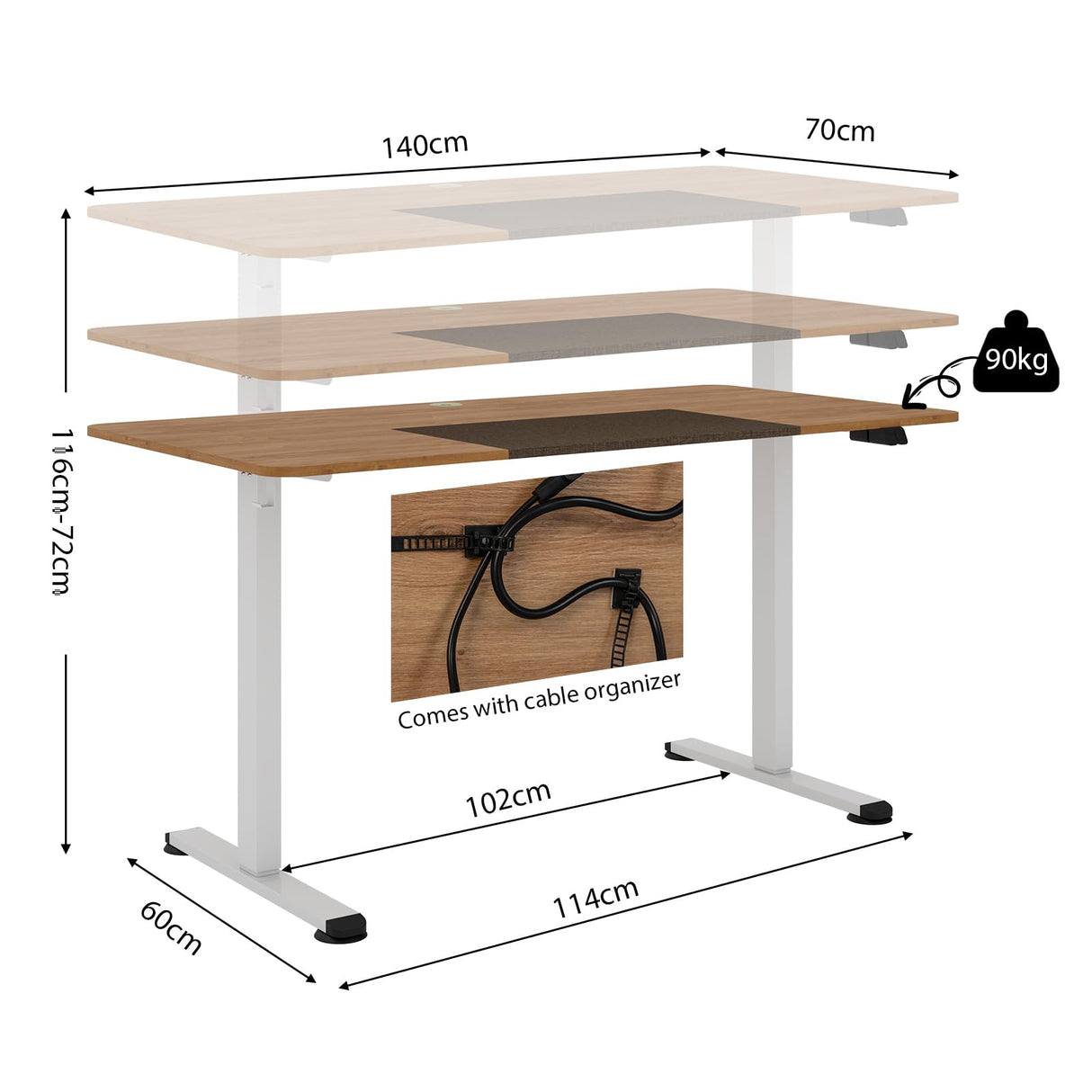 140 x 70cm Large Electric Standing Desk, Height Adjustable Sit to Stand Desk, Metal Frame & Powerful Motor, Button Controller, Headphone Hook, Ergonomic Standing Workstation