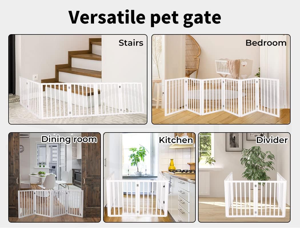 Wooden Pet Gate Dog Fence Retractable Safety Stair Barrier Security Door (White-282cm x 60.5cm x 1.8cm)