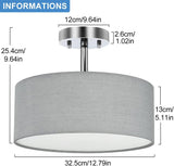 Modern Semi Flush Ceiling Light Fixture, 3-Light Fabric Ceiling Drum Lights for Bedroom, E27 Entry Light Fixtures Ceiling Hanging for Dining Room Kitchen Hallway Foyer Living Room, Grey Finish