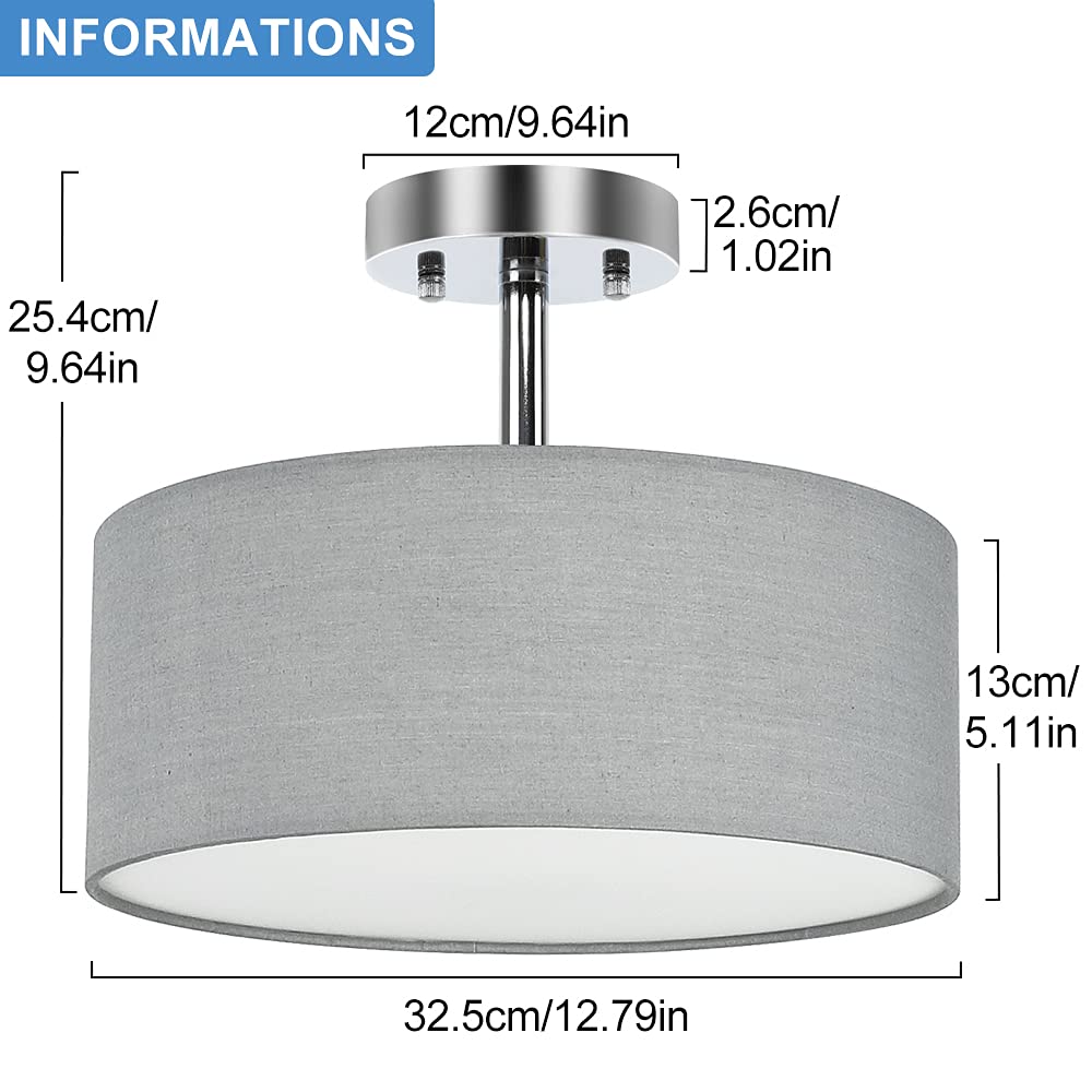 Modern Semi Flush Ceiling Light Fixture, 3-Light Fabric Ceiling Drum Lights for Bedroom, E27 Entry Light Fixtures Ceiling Hanging for Dining Room Kitchen Hallway Foyer Living Room, Grey Finish