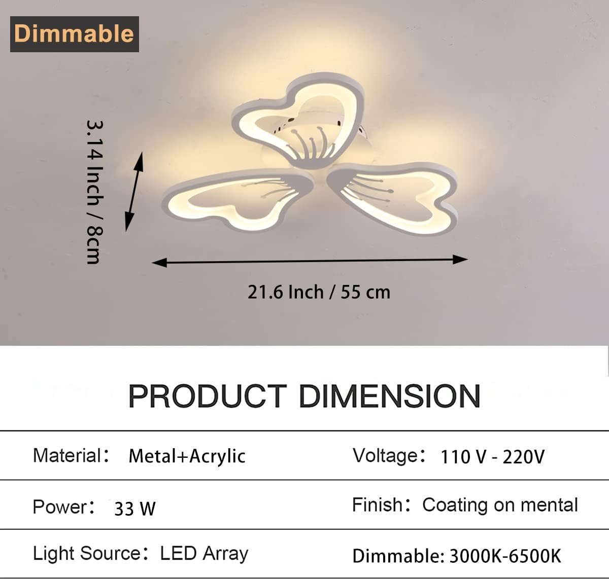 LED Modern Ceiling Lamp, 33W 21.6" Dimmable Remote Control Flower Shape Close to Ceiling Light Fixture, Creative Design Acrylic Ceiling Chandelier for Bedroom Kitchen Hallway Asile, White