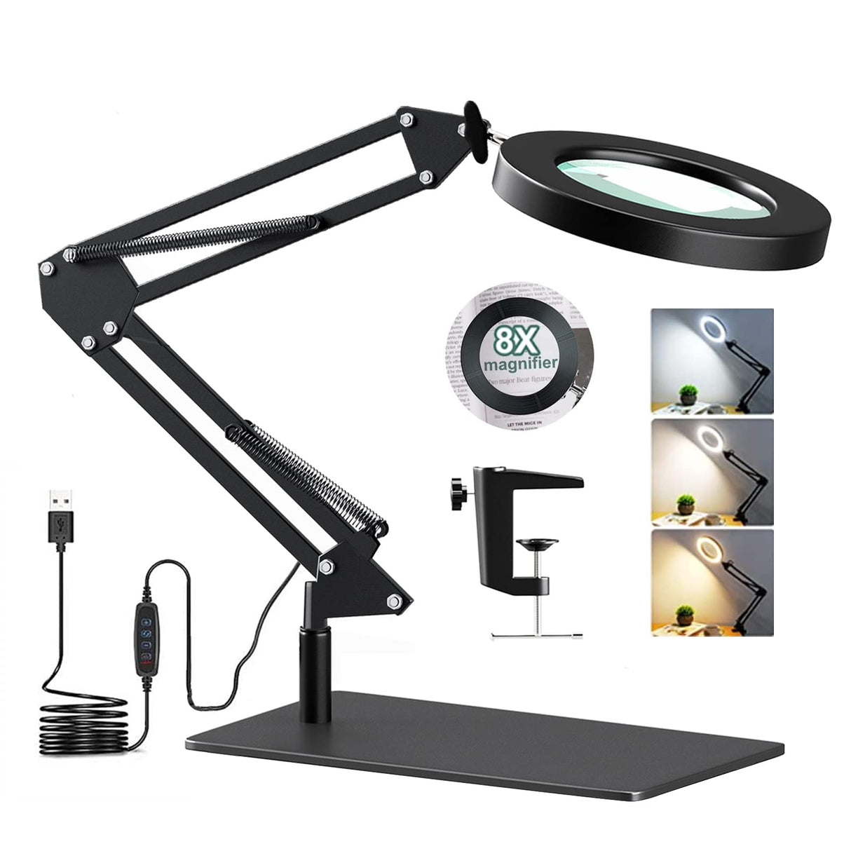 Magnifying Desk Lamp with Base & Clamp, LED Desk Lamp 8X Magnifying Glass, 3 Color Modes, Adjustable Brightness, Magnifier for Repair, Crafts, Soldering