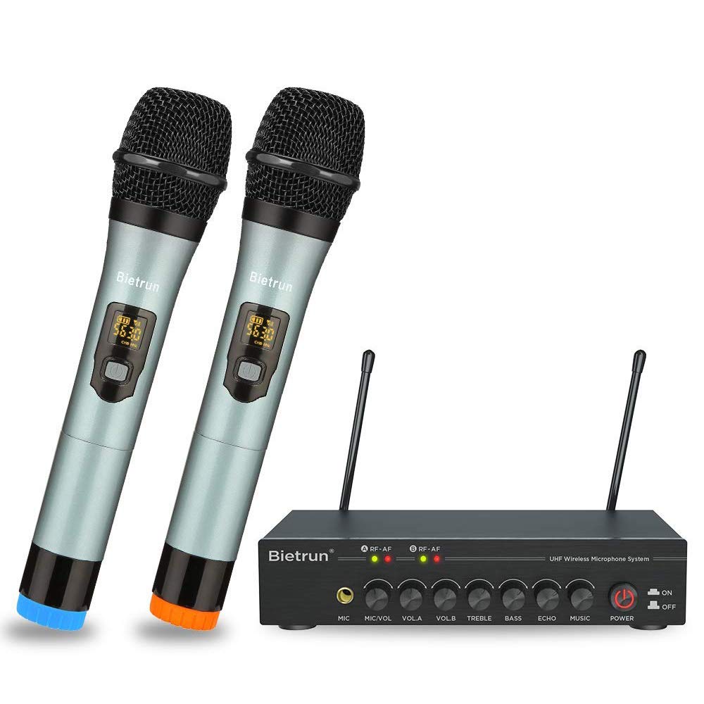 Wireless Microphones with Echo, Easy-to-Use, Auto Connect, 160 ft Range, 1/8''＆1/4''Output, UHF Dual Channel Cordless Handheld Dynamic Mics System for Church,Wedding, Karaoke, Speech, Singing