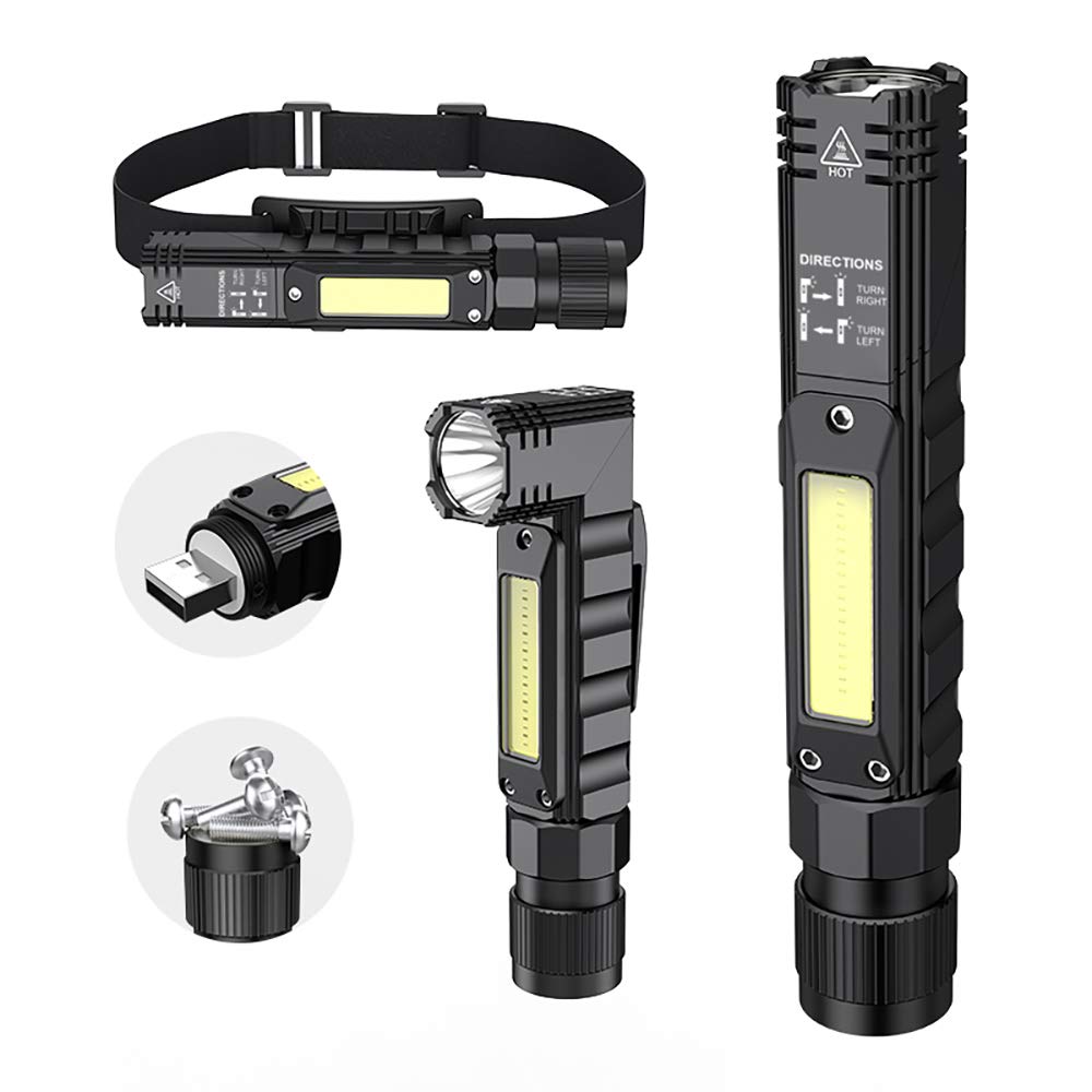 Portable Flashlight, 800 Lumens USB Rechargeable Tactical Flashlight, 90 Degree Rotate, Magnet tail, Flashlight IPX4 Waterproof Led Flashlight 5 Modes, COB Work Light for Camping, Outdoor, Maintain, Reading