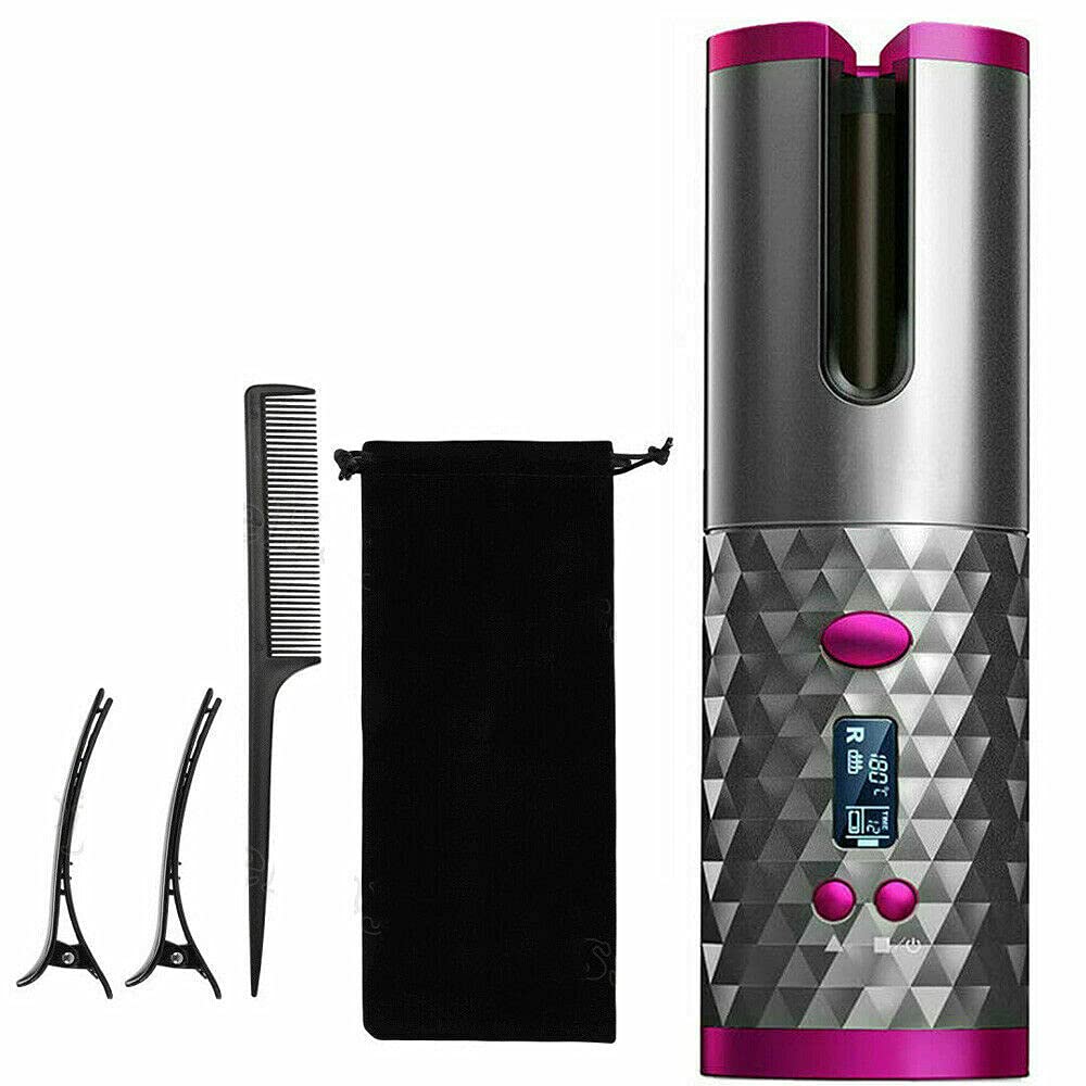 Wireless Auto Hair Curler, LED Temperature Display and Timer/USB Rechargeable/Auto Shut-Off Hair Curling Iron Curler /Ceramic Barrel Portable Wireless Automatic Hair Curler for Travel