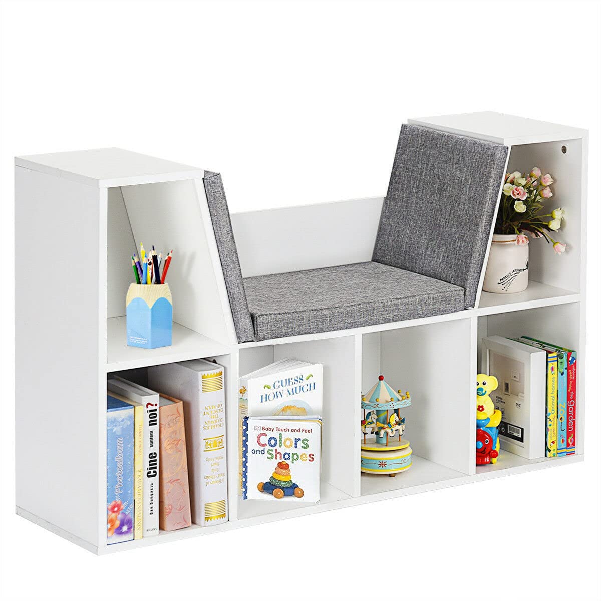 6-Cubby Kids Bookcase with Cushioned Reading Nook and Mat, Wooden Toys Books Storage Organizer Display Shelf, Storage Bookshelf with Seat for Children Girls & Boys, for Bedroom Living Room