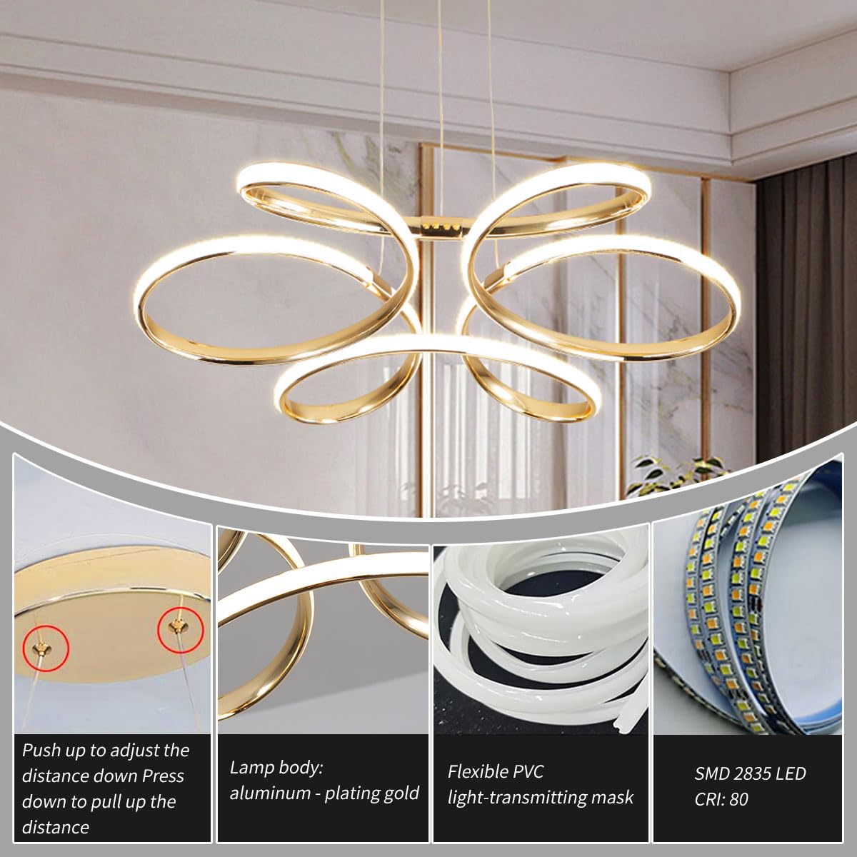 Modern LED Dimmable Pendant Lamp with Remote, Flower Shape Chandelier, Adjustable Height Hanging Light Fixture for Living Room Dining Room Bedroom Kitchen Decorative Lamp (A - Gold)